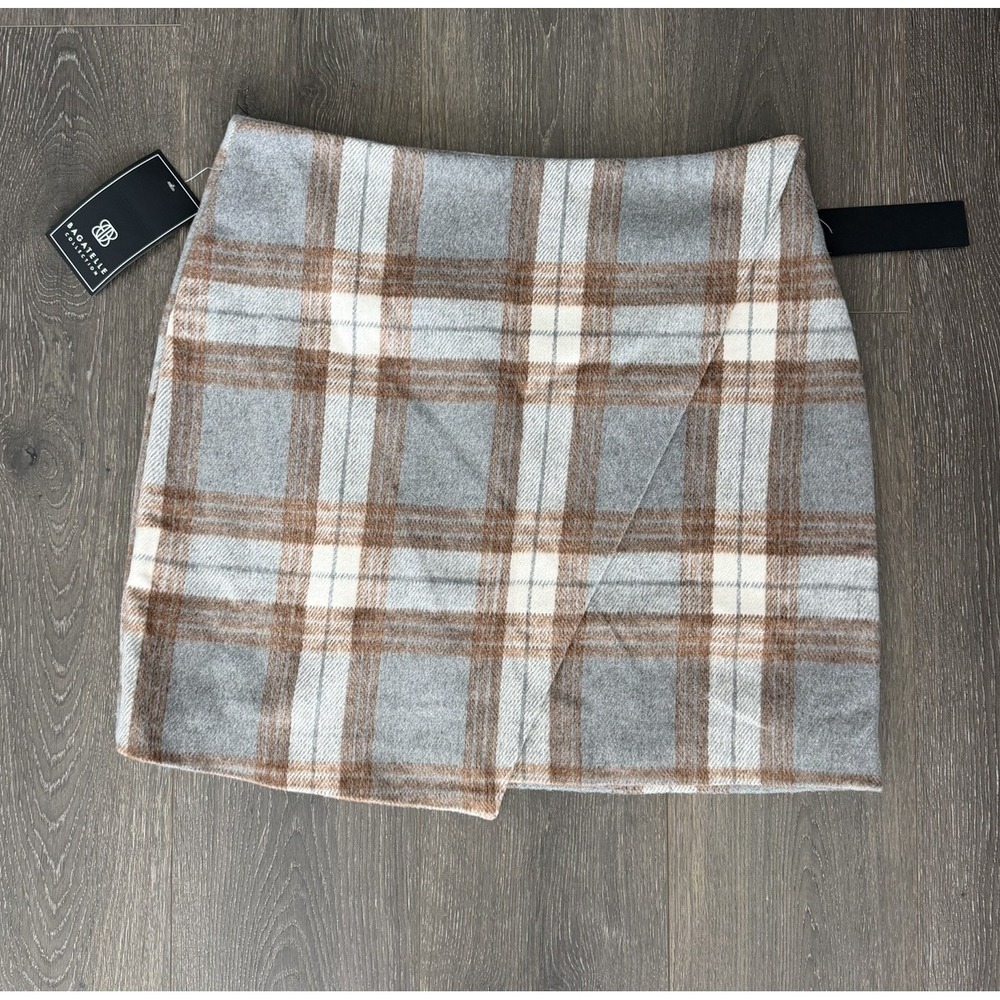 Bagatelle NWT Plaid Faux Wrap Mini Skirt Large Gray Brown Academia Y2K 90s Prep